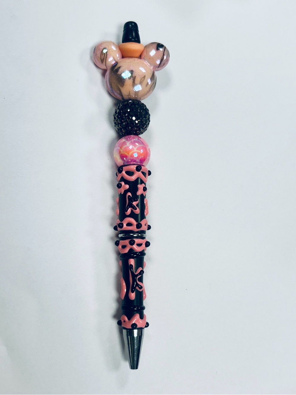 HAND BEADED pink and Black Mouse Head Pen with Glass Beads NEW